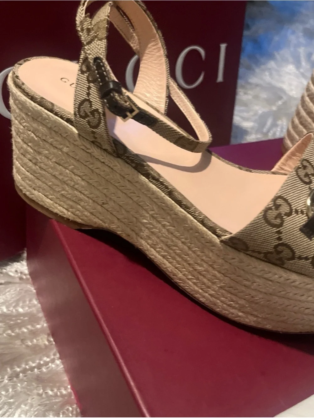 Gucci Brown Monogram Platform Espadrille Sandals with Gold Hardware